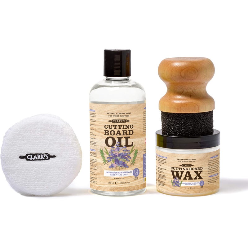 Clark's CLARKâ€™S Cutting Board Oil and Wax Kit - Set includes Food Grade Mineral Oil (12oz), Finishing Wood Wax (6oz), Applicator Sponge & Buffing Pad, Enriched with Food Safe Lavender and Rosemary Extract - Image 1